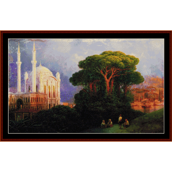 Counted Cross Stitch Pattern by Cross Stitch Collectibles for a painting depicting a cityscape with a large tree and a building, resembling the famous Aivazovsky painting.