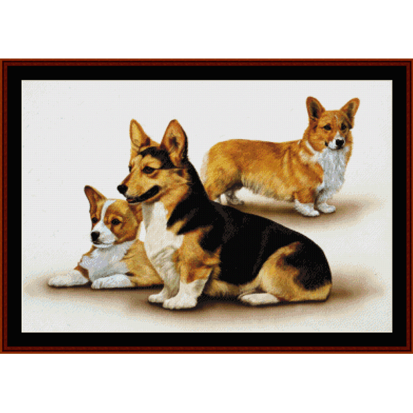 Counted Cross Stitch Pattern by Cross Stitch Collectibles showing three corgi dogs in different colors sitting and standing