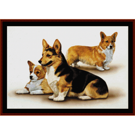 Counted Cross Stitch Pattern by Cross Stitch Collectibles showing three corgi dogs in different colors sitting and standing