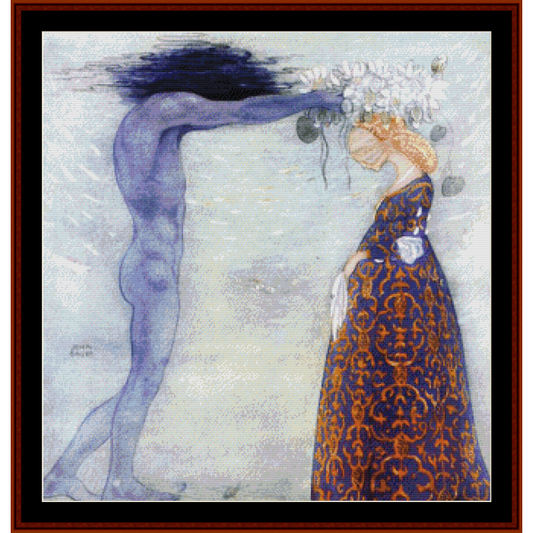Counted Cross Stitch Pattern by Cross Stitch Collectibles featuring a artistic depiction of a figure with a floral crown crowning another figure, both in colors blue, white and gold