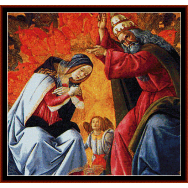 ACounted Cross Stitch Pattern by Cross Stitch Collectibles depicting a scene from a Botticelli painting, with the Virgin Mary and an angel.