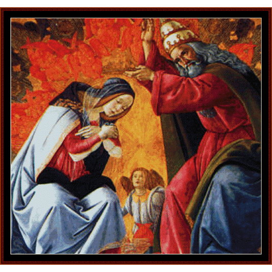 ACounted Cross Stitch Pattern by Cross Stitch Collectibles depicting a scene from a Botticelli painting, with the Virgin Mary and an angel.