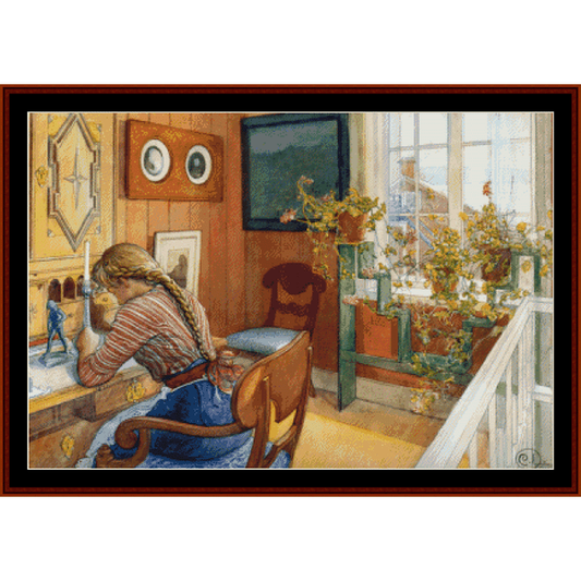 'Correspondence - Carl Larsson' Counted Cross Stitch Pattern by Cross Stitch Collectibles featuring an illustration of a woman seated at a table with a window in the background, surrounded by potted plants.