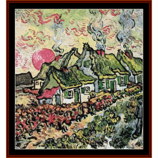 Cottages - Van Gogh' Counted Cross Stitch Pattern by Cross Stitch Collectibles with a painting of houses and a sunflower in the foreground, evoking a rural or village scene.