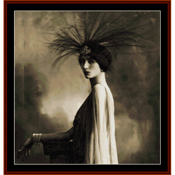 A vintage portrait photograph-style Counted Cross Stitch Pattern by Cross Stitch Collectibles image featuring a woman with a large, ornate hat.