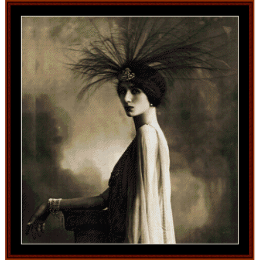 A vintage portrait photograph-style Counted Cross Stitch Pattern by Cross Stitch Collectibles image featuring a woman with a large, ornate hat.