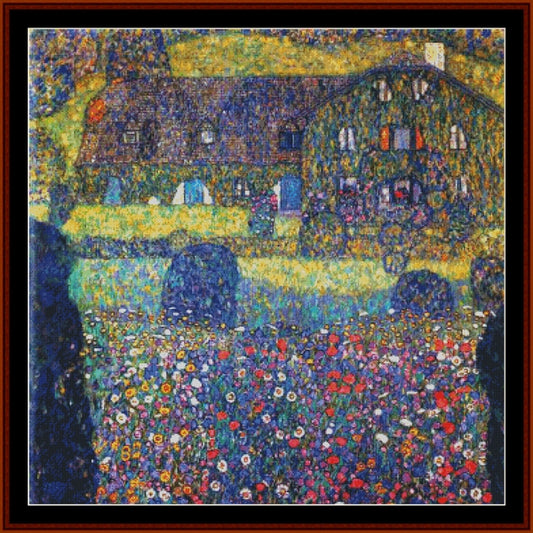Counted Cross Stitch Pattern by Cross Stitch Collectibles depicting a vibrant floral field with a house in the background, inspired by Gustav Klimt's artwork.