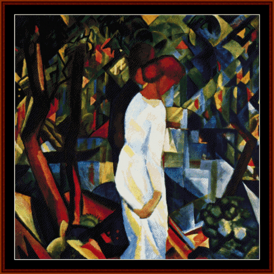 Counted Cross Stitch Pattern by Cross Stitch Collectibles featuring a woman in a white dress with a blue and green background, reminiscent of a forest or outdoor setting.