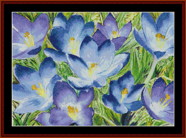 Counted Cross Stitch Pattern by Cross Stitch Collectibles of a bunch of blue crocuses with green grass-like background
