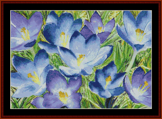 Counted Cross Stitch Pattern by Cross Stitch Collectibles of a bunch of blue crocuses with green grass-like background