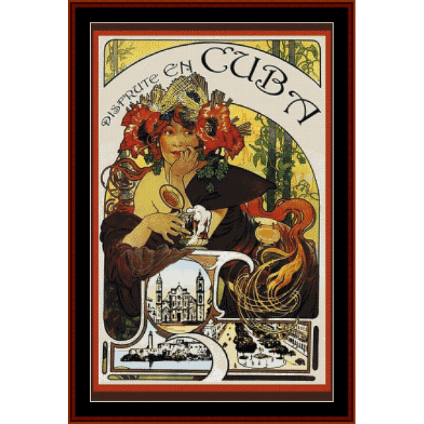 vintage poster Counted Cross Stitch Pattern by Cross Stitch Collectibles depicting a woman with flowers in her hair
