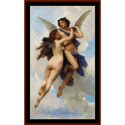 Counted Cross Stitch Pattern by Cross Stitch Collectibles featuring an illustration of Cupid and Psyche in a cloudy sky background, indicating a romantic and ethereal theme.