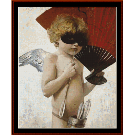 Counted Cross Stitch Pattern by Cross Stitch Collectibles featuring a masked ball scene with an angel holding a fan and a mask.