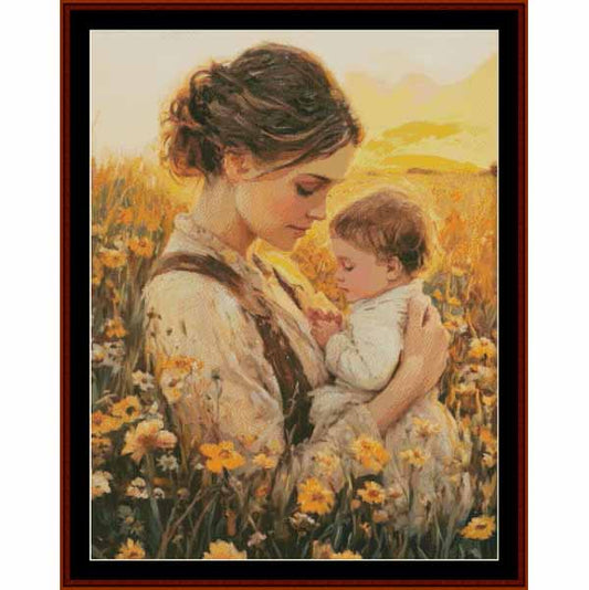 Counted Cross Stitch Pattern: Custom Cross Stitch Pattern 822 - Cross Stitch Collectibles - A framed art print depicting a mother in a yellow flower field holding a baby