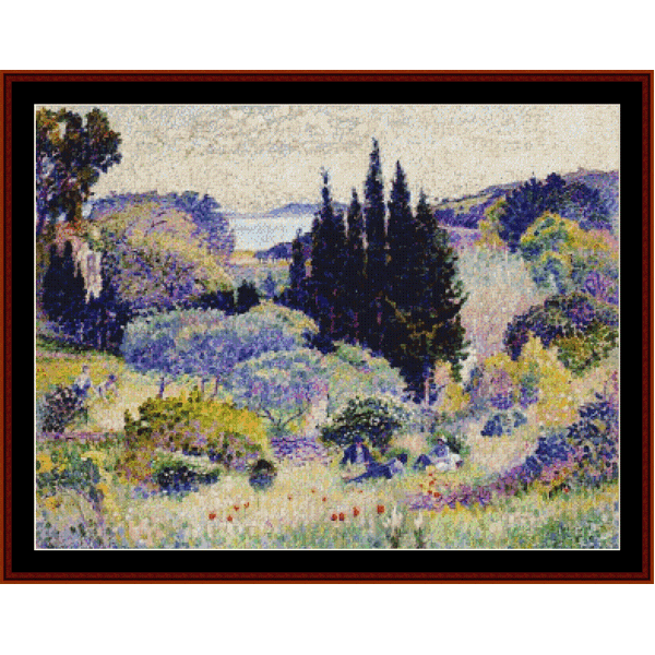 Counted Cross Stitch Pattern by Cross Stitch Collectibles depicting a landscape with trees and a blue sky