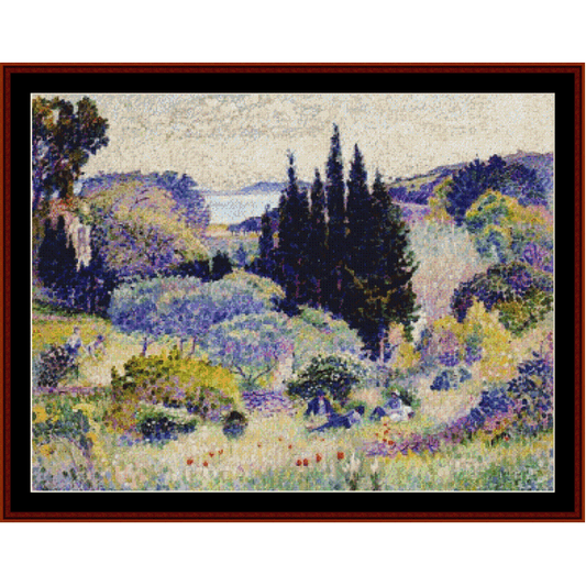 Counted Cross Stitch Pattern by Cross Stitch Collectibles depicting a landscape with trees and a blue sky