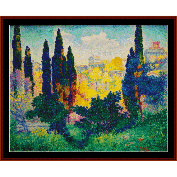 Counted Cross Stitch Pattern by Cross Stitch Collectibles of a landscape with trees and a building, in the style of an impressionist painting.
