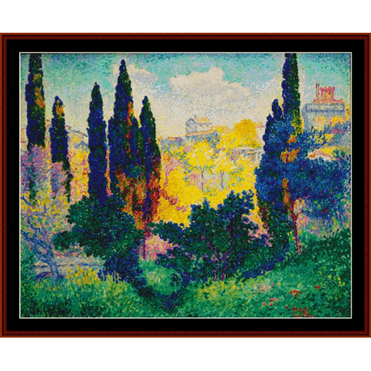 Counted Cross Stitch Pattern by Cross Stitch Collectibles of a landscape with trees and a building, in the style of an impressionist painting.