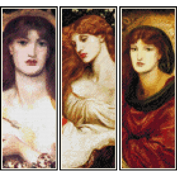 Counted Cross Stitch Pattern – D.G. Rosetti Bookmark Collection Vol. 2 - Cross Stitch Collectibles - A three-panel triptych artwork showing stylized portraits of women in warm, painterly tones. The left panel shows a woman with dark hair and red lips; the center panel shows a seated woman with reddish hair and pale clothing; the right panel shows a woman with dark hair wearing a red garment.