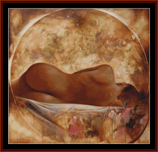 Counted Cross Stitch Pattern by Cross Stitch Collectibles depicting a fantasy scene with a nude figure and abstract elements in a warm-hued background.