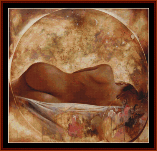 Counted Cross Stitch Pattern by Cross Stitch Collectibles depicting a fantasy scene with a nude figure and abstract elements in a warm-hued background.