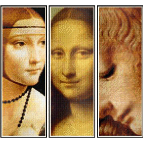 A set of three Counted Cross Stitch Pattern: DaVinci Bookmark Collection depicting facial portraits in a triptych format.