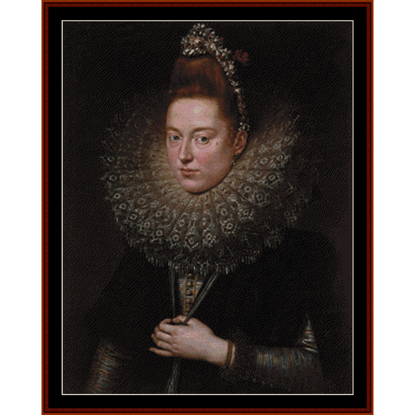 Counted Cross Stitch Pattern by Cross Stitch Collectibles featuring a portrait of a woman with a decorative collar and sleeve details