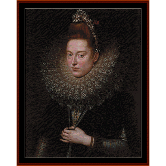 Counted Cross Stitch Pattern by Cross Stitch Collectibles featuring a portrait of a woman with a decorative collar and sleeve details
