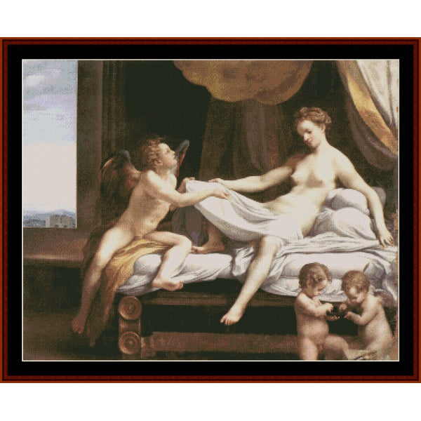 Counted Cross Stitch Pattern – Danae, 1531 by Correggio - Cross Stitch Collectibles - A framed classical painting depicting a reclining nude woman on a bed with two cherubs
