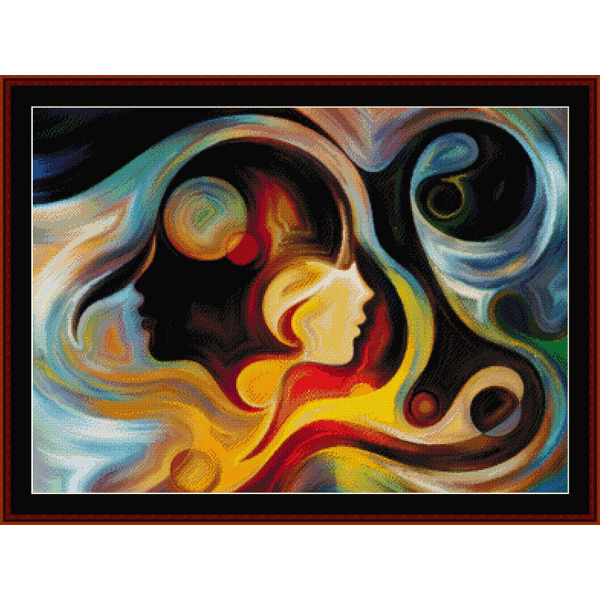 Counted Cross Stitch Pattern by Cross Stitch Collectibles featuring an abstract, colorful artistic design with a silhouette of a female figure.