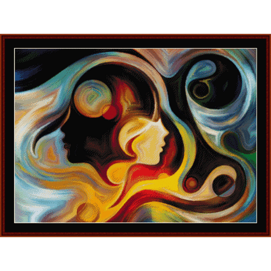 Counted Cross Stitch Pattern by Cross Stitch Collectibles featuring an abstract, colorful artistic design with a silhouette of a female figure.