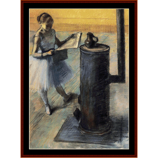 Counted Cross Stitch Pattern by Cross Stitch Collectibles depicting a dancer resting by a stove, based on Edgar Degas' artwork.