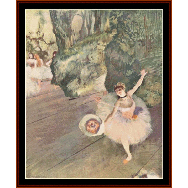 Dancer with Bouquet - Degas' Counted Cross Stitch Pattern by Cross Stitch Collectibles featuring an image of a woman in a pink tutu holding a bouquet, with a background suggesting a stage or outdoor setting.