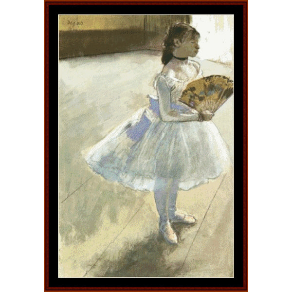 "Dancer with Fan' Counted Cross Stitch Pattern by Cross Stitch Collectibles by Edgar Degas, featuring an image of a young girl in a white dress with a fan, against a theatrical backdrop.