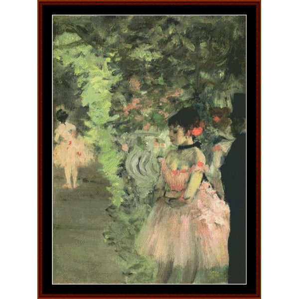 Counted Cross Stitch Pattern by Cross Stitch Collectibles depicting dancers in a garden setting, inspired by the artwork of Edgar Degas.