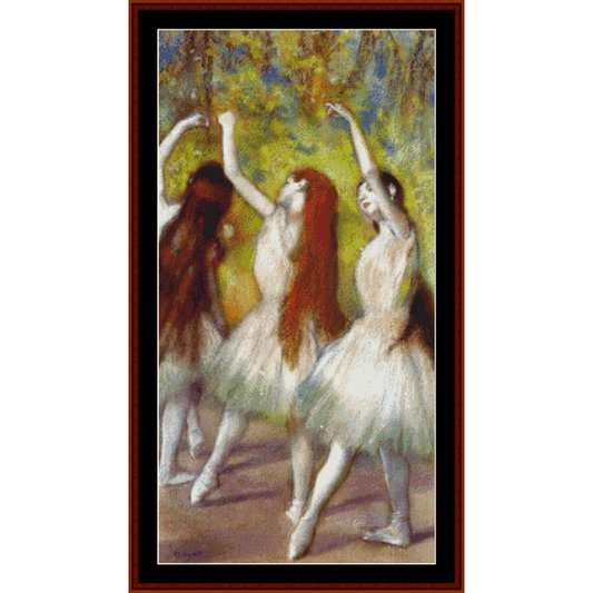 Counted Cross Stitch Pattern by Cross Stitch Collectibles depicting three ballet dancers in green outfits, following the style of Edgar Degas' artwork.