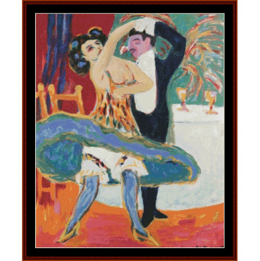 Counted Cross Stitch Pattern by Cross Stitch Collectibles of a dancing couple in a colorful artistic style, with the man on the left and the woman on the right, posed in a lively manner