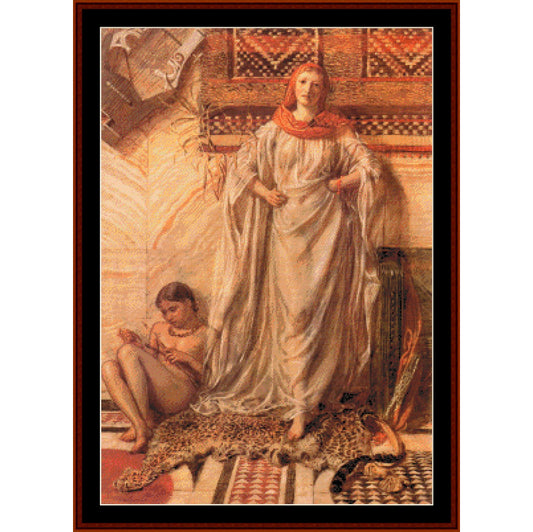 Counted Cross Stitch Pattern by Cross Stitch Collectibles featuring a woman in a white dress with a red cape, resembling a famous impressionist painting.
