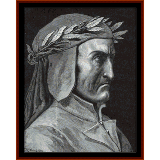 Counted Cross Stitch Pattern by Cross Stitch Collectibles 
depicting a portrait of Gustave Dore, featuring a large print of the artist's face with a laurel wreath around it.