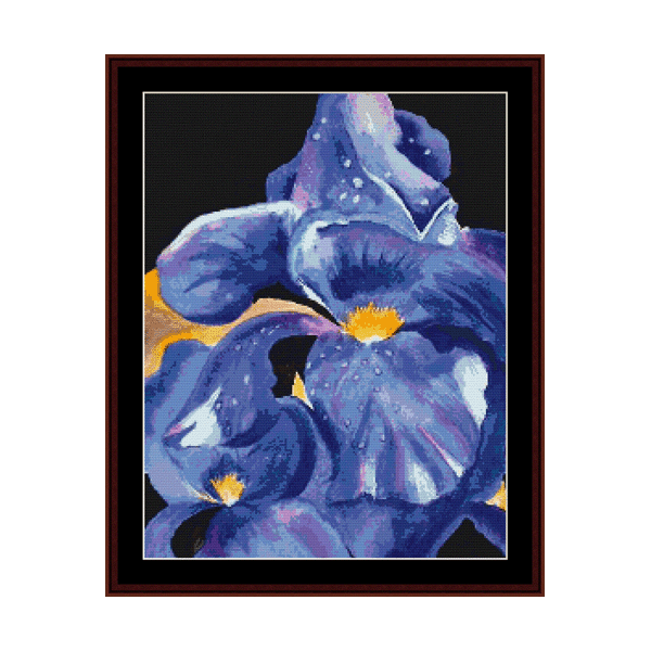 Counted Cross Stitch Pattern by Cross Stitch Collectibles of an artistic floral design featuring purple and blue colors with a black background.