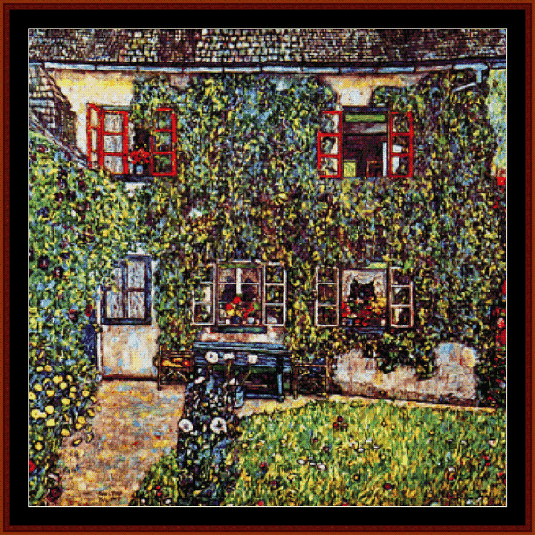 Counted Cross Stitch Pattern by Cross Stitch Collectibles depicting a house with greenery and red windows, resembling a famous painting style.
