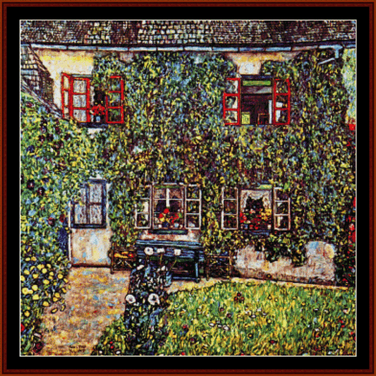 Counted Cross Stitch Pattern by Cross Stitch Collectibles depicting a house with greenery and red windows, resembling a famous painting style.