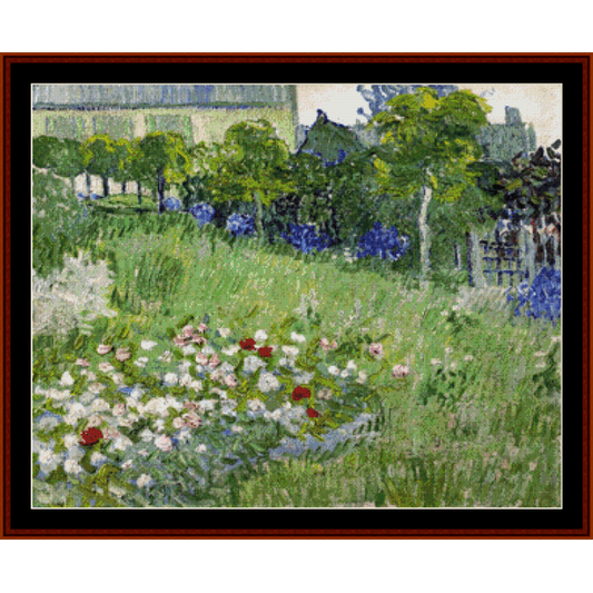 Counted Cross Stitch Pattern by Cross Stitch Collectibles of a garden scene with colorful flowers and a blue sky, based on a painting by Van Gogh.