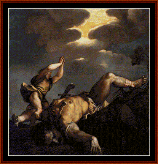 Counted Cross Stitch Pattern by Cross Stitch Collectibles depicting the biblical story of David and Goliath