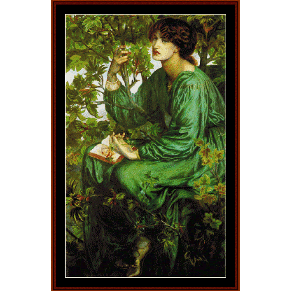 Counted Cross Stitch Pattern by Cross Stitch Collectibles of a woman sitting in a garden, reminiscent of Dante Gabriel Rossetti's artwork.