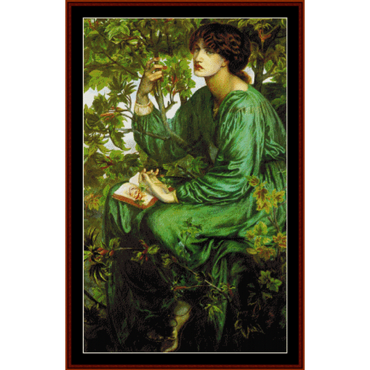 Counted Cross Stitch Pattern by Cross Stitch Collectibles of a woman sitting in a garden, reminiscent of Dante Gabriel Rossetti's artwork.