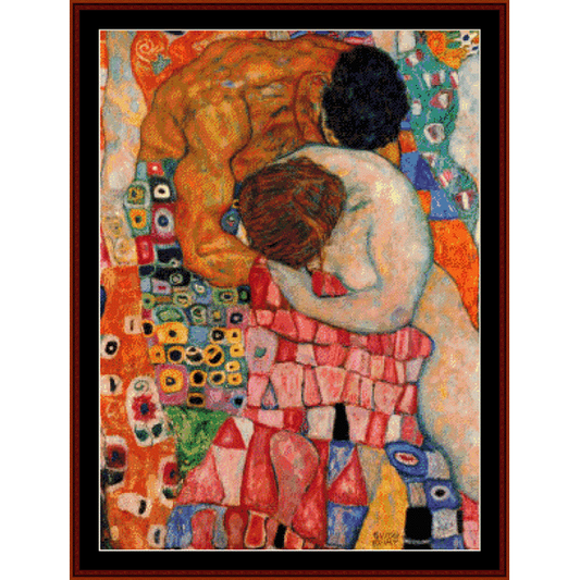 Counted Cross Stitch Pattern by Cross Stitch Collectibles featuring the famous 'Death and Life' painting by Gustav Klimt, with vibrant colors and intricate detailing.
