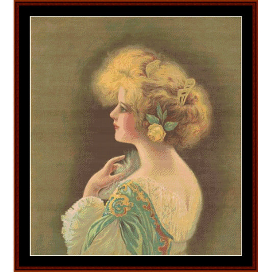 A vintage-style Counted Cross Stitch Pattern by Cross Stitch Collectibles featuring a woman with a flower in her hair, predominantly in green and white tones.