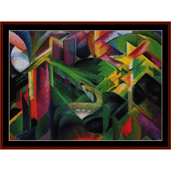 Counted Cross Stitch Pattern by Cross Stitch Collectibles for a Deer in Monastery Garden design, featuring a colorful abstract art-inspired pattern.