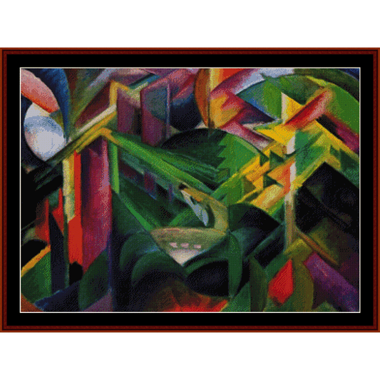 Counted Cross Stitch Pattern by Cross Stitch Collectibles for a Deer in Monastery Garden design, featuring a colorful abstract art-inspired pattern.